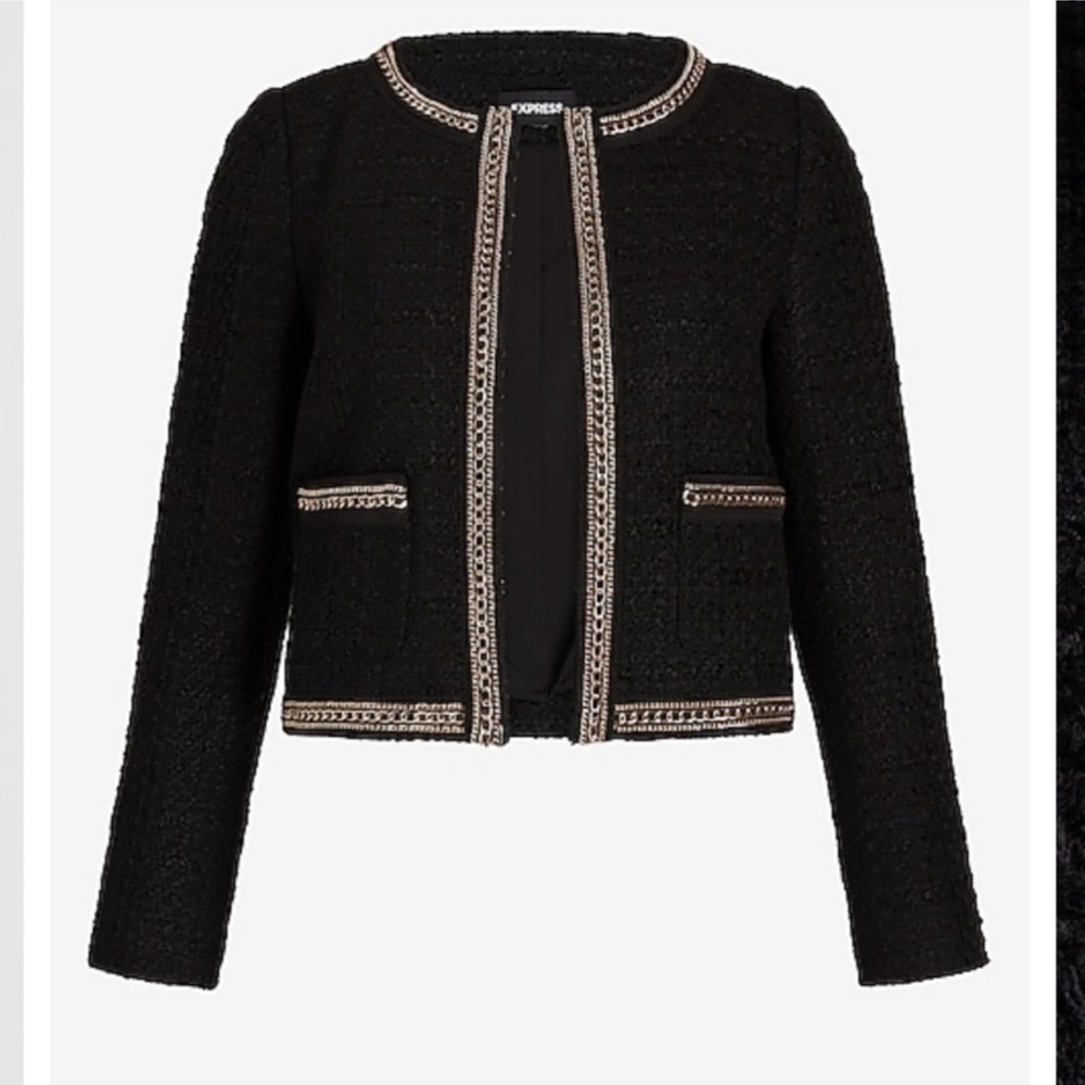 NEW Express Open Black/ Gold Tweed Chain Trim Boucle Crop Blazer, Size XL